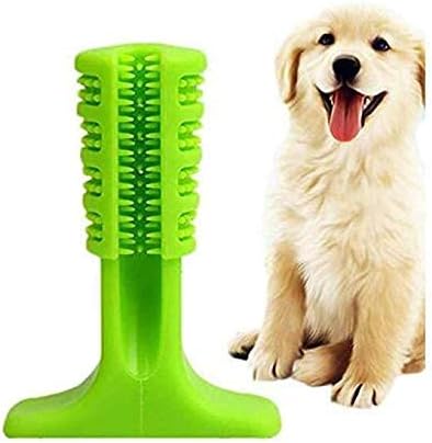 Green (Spring) dog toothbrush toy with a puppy looking on in the background.