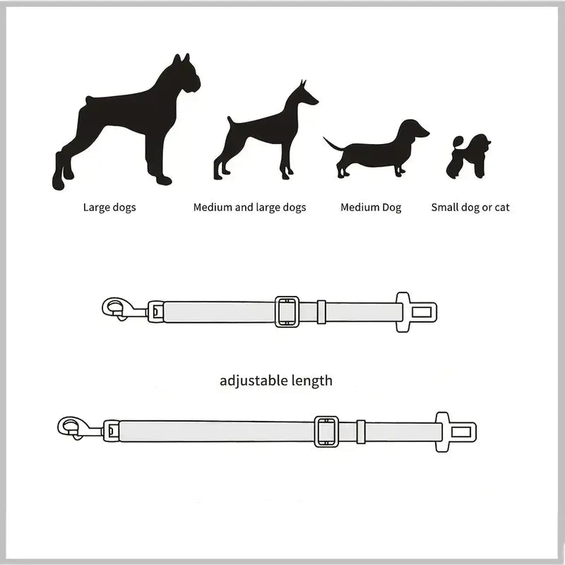 Diagram showing different dog sizes with corresponding belts showing how the length can be changed with the Adjustable Car Pet Seat Belt.