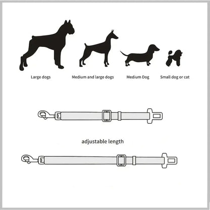 Diagram showing different dog sizes with corresponding belts showing how the length can be changed with the Adjustable Car Pet Seat Belt.