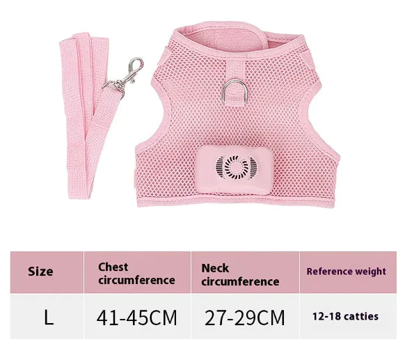 Pink dog cooling chest harness featuring a battery operated cooling panel. Vest size is indicated as well as measurements and weight