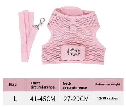 Pink dog cooling chest harness featuring a battery operated cooling panel. Vest size is indicated as well as measurements and weight