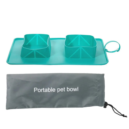 Portable pet bowl made of silicone, displayed with its carrying bag. Bowl  is Green (Spring) and bag is Gray (Mist).