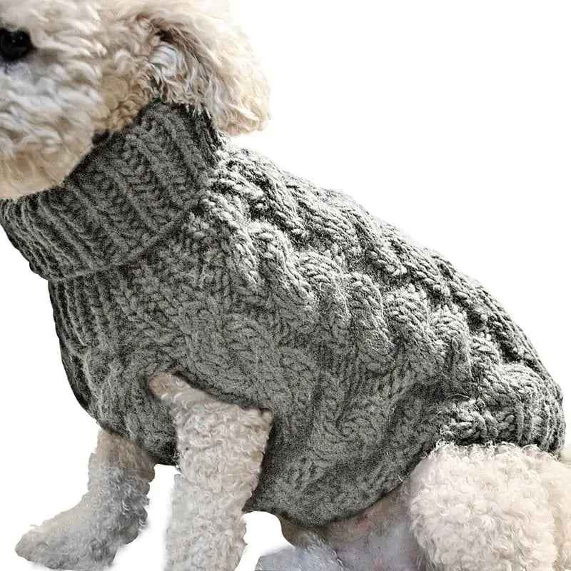 Dog wearing a soft Gray (Mist)  wool blend sweater. This sweater is a stylish and warm option when walking your pet on chilly days.