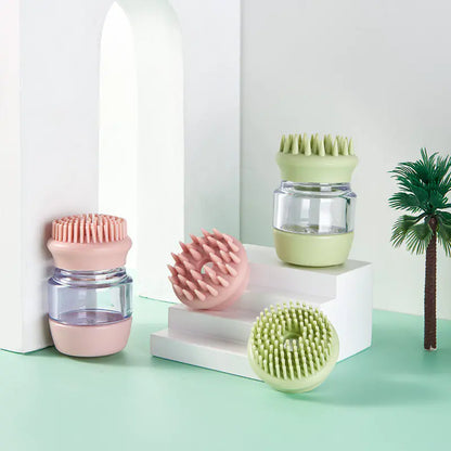 Pink (Rose) and a Green (Spring) puppy silicone grooming brushes with extra brush heads.