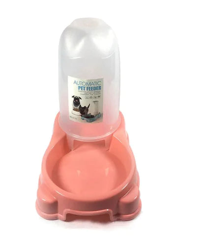 Pink (Bubblegum) automatic pet food and water dispenser with a blue base and a white container, designed for dogs and cats.