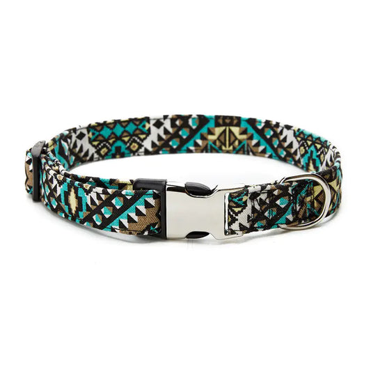 Dog collar with geometric pattern and metal buckle on a white background