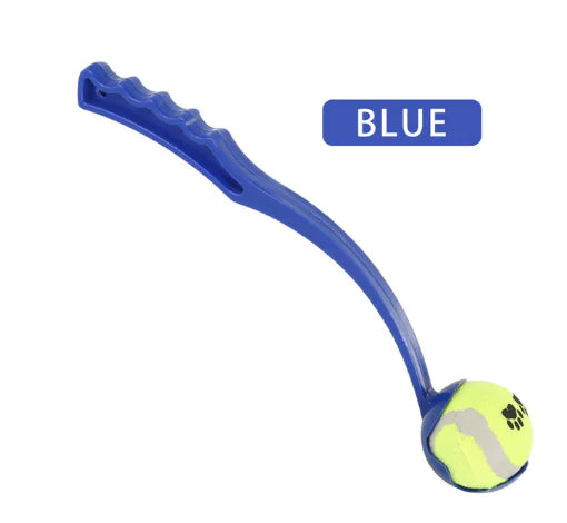 Blue (Ocean) colored dog ball launcher toy with a curved handle and a tennis ball attached to the end.