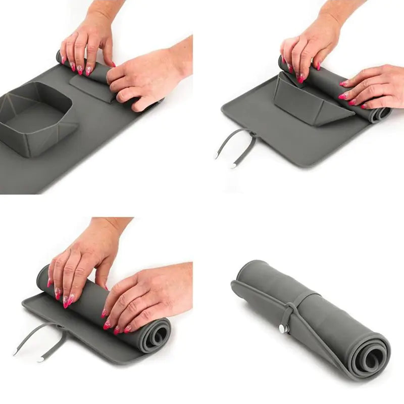 The steps to break down and store the collapsible pet travel bowl are shown.