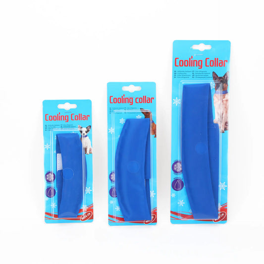 Three pet cooling collars in Blue (Lake) color, packaged in a blister pack, available in different sizes for small, medium, and large dogs.