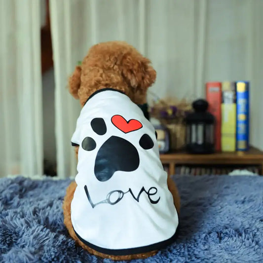 Dog wearing White (Pearl) shirt with black paw print, red heart, and the word Love on the back, sitting on a blue blanket.