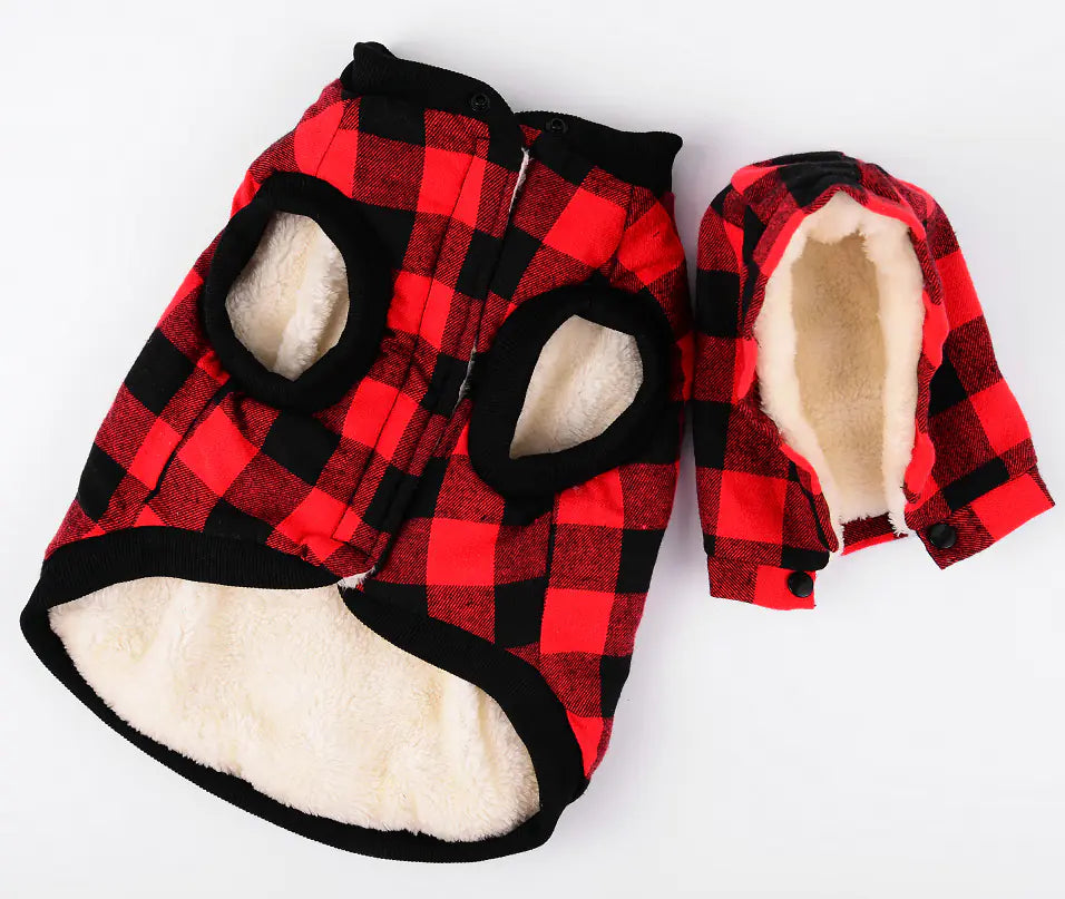 Plaid (Red Check) polyester doggy hoodie with soft fleece lining, zipper enclosure and detachable hood, for chilly dog walks.
