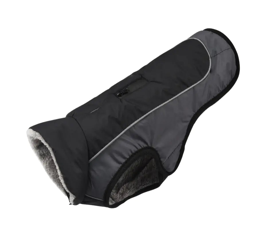Black (Matte) and gray, waterproof padded doggy parka with a faux fur collar and reflective strips on the side.