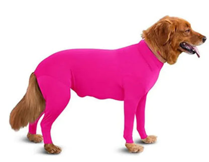 Dog wearing a Pink (Bubblegum) anxiety relief jumpsuit. Soft and breathable jumpsuit applies gentle pressure to reduce stress.