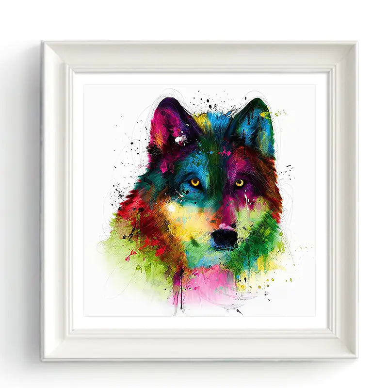 A colorful canvas abstract oil painting print of a wolf's head in a white  frame.