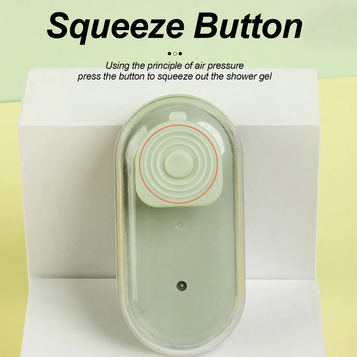 Squeeze button for dispensing shower gel  is shown on a Green (Spring) colored silicone bath brush. The brush is used to bath your furry friend.

