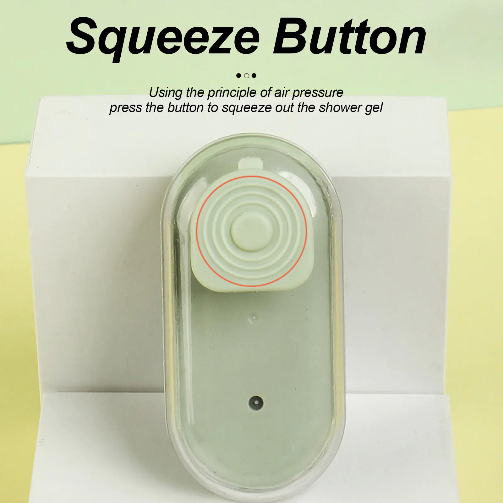 Squeeze button for dispensing shower gel  is shown on a Green (Spring) colored silicone bath brush. The brush is used to bath your furry friend.
