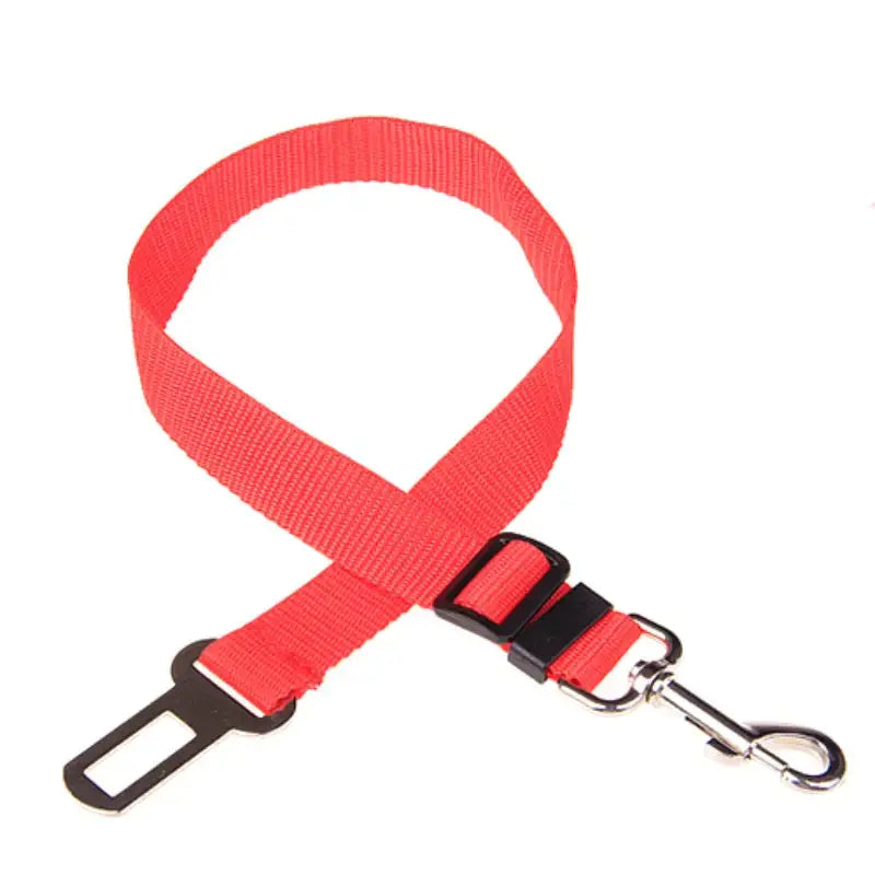 Red (Blush) adjustable car pet seat belt with a clip that attaches to your dog's collar. Keep your pet safe while traveling.