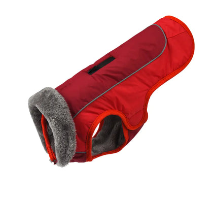 Red (Ruby), waterproof padded puppy parka with a faux fur collar and reflective strips on the side.