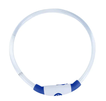 A blue and white LED rechargeable dog collar made of nylon, with a visible LED light section for safety during night strolls.
