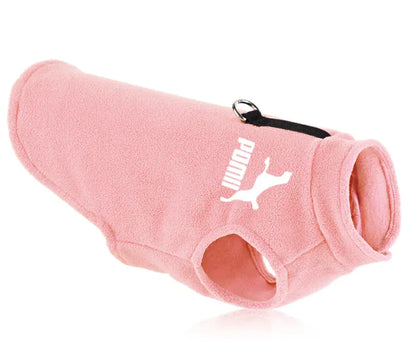 A Pink (Rose) fleece vest for doggies with a white logo on the back and a ring attachment at the top.