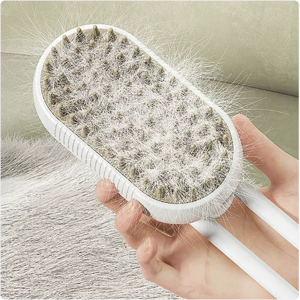 White rechargeable adjustable grooming brush with steamer shown after grooming a dog.