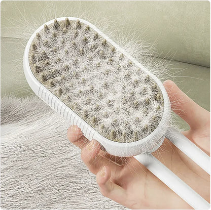 White rechargeable adjustable grooming brush with steamer shown after grooming a dog.