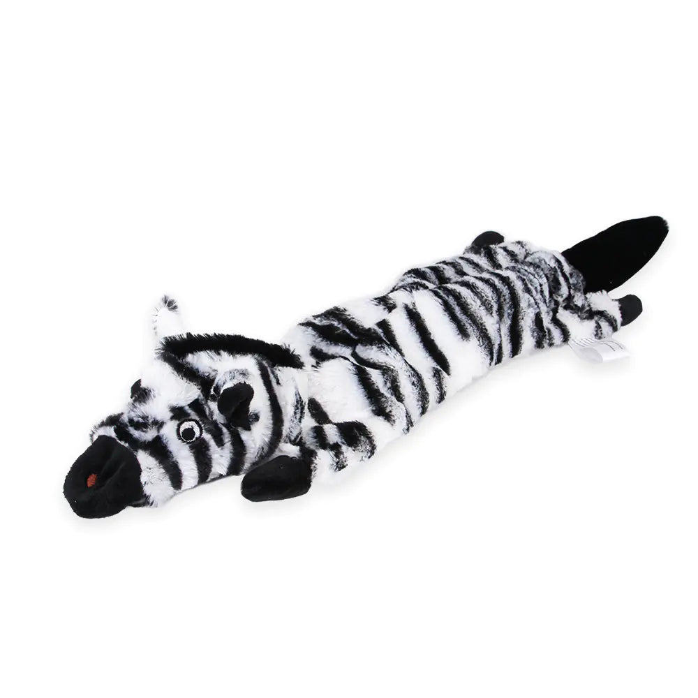 A plush dog chew toy resembling a zebra. Made of soft materials, gentle on your pet's teeth, toy provides decompression.