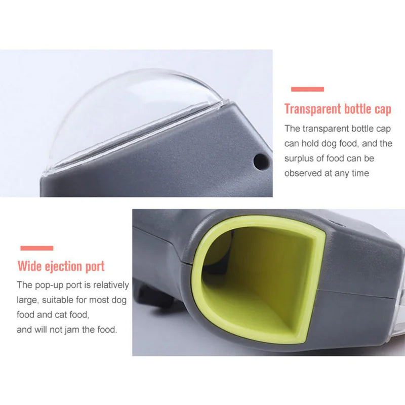 Gray (Mist) colored doggy treat launcher shown with details of the transparent bottle cap and ejection port enlarged.