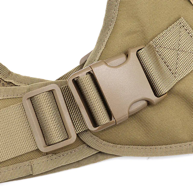 Close-up of a Brown (Khaki) tactical harness belt with a buckle on a white background
