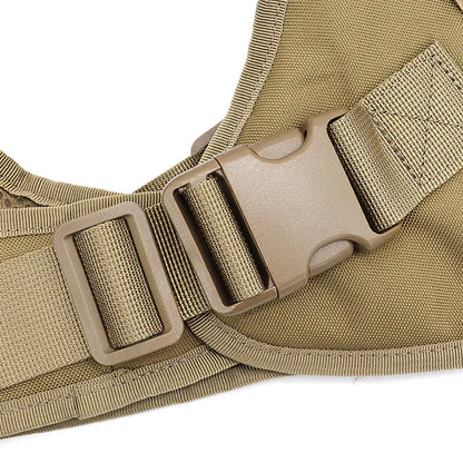 Close-up of a Brown (Khaki) tactical harness belt with a buckle on a white background