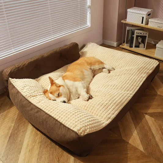 A dog lying comfortably on a Brown (Coffee) and beige luxury comfort pet bed. Made of high density memory foam.