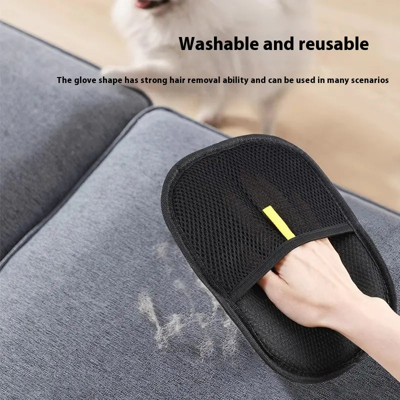 Black grooming glove removing pet hair from a couch and  highlighting that the glove is washable and reuseable