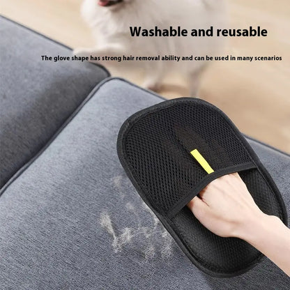 Black grooming glove removing pet hair from a couch and  highlighting that the glove is washable and reuseable