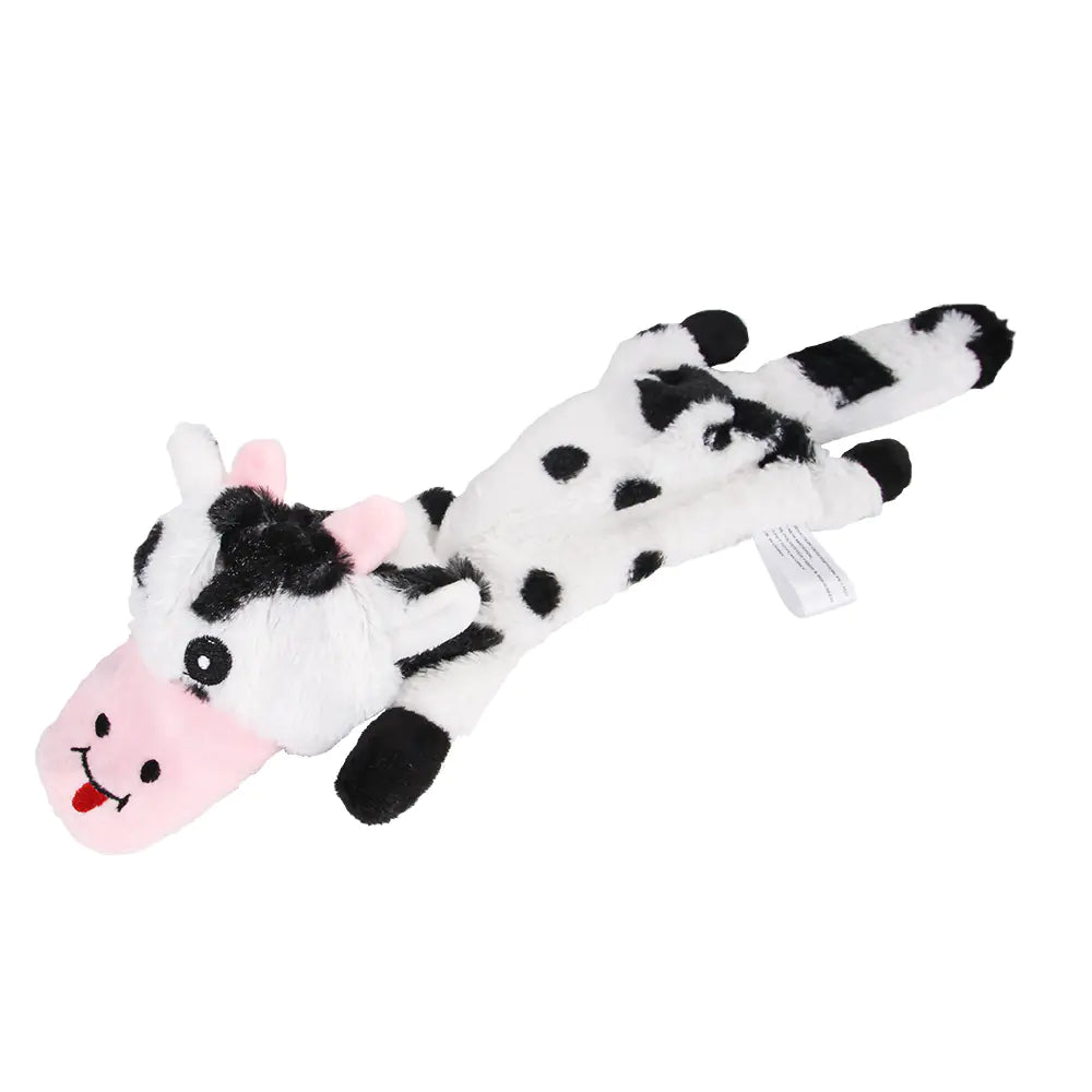 A plush dog chew toy resembling a cow. Made of soft materials, gentle on teeth, toy reduces pet's anxiety.