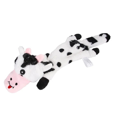 A plush dog chew toy resembling a cow. Made of soft materials, gentle on teeth, toy reduces pet's anxiety.