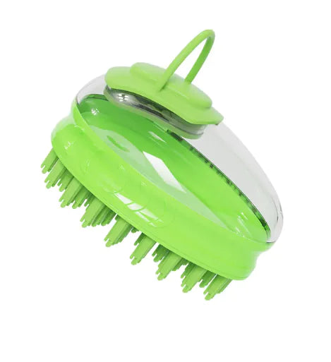 Green (Spring) pet bath brush designed with soft silicone bristles and an ergonomic handle, with a removable cap for shower gel.