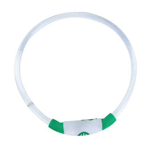 A green and white LED rechargeable pet collar made of nylon, with a visible LED light section for safety during night strolls.