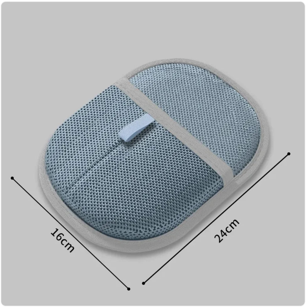 Blue grooming and cleaning glove for your dog or cat with glove dimensions.