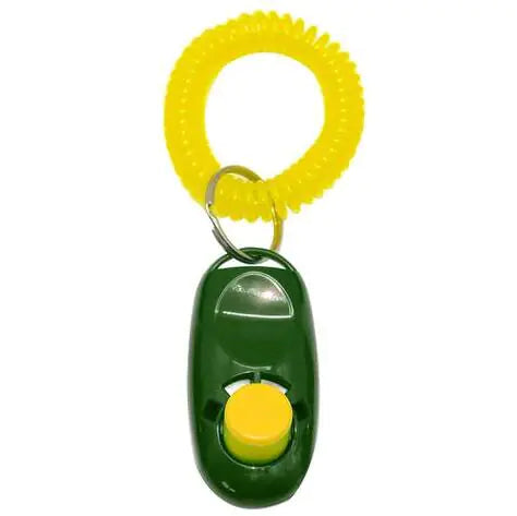 Green (Forest) dog clicker training tool with a key ring and yellow strap, featuring a raised button for easy clicking.