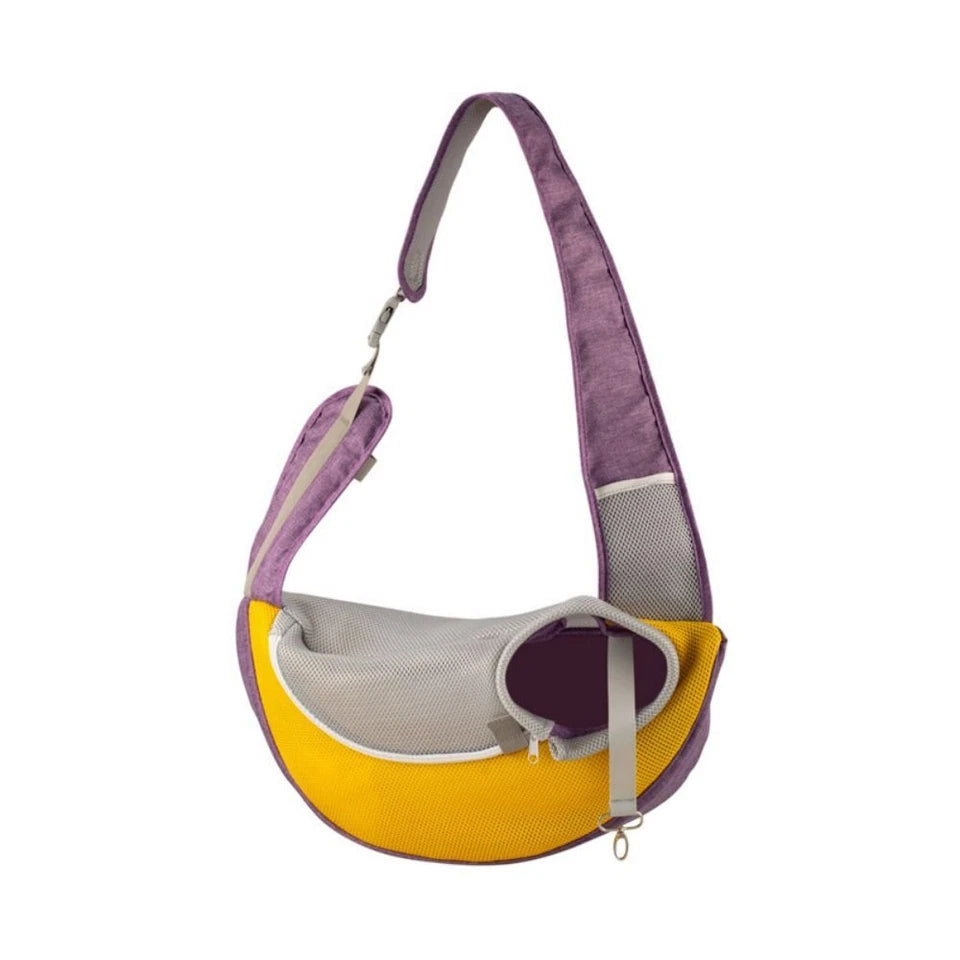 Purple (Lavender) pet carrier sling bag wih gray and yellow accents on a white background.