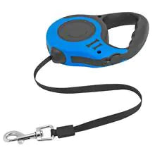 A retractable Blue (Lake) dog leash with a bone print design, featuring an ergonomic handle and a durable flat rope.