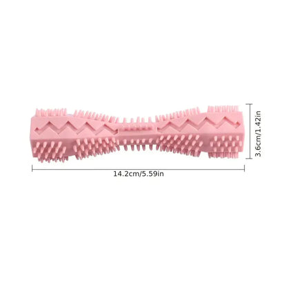 Pink dog chew toy with textured surface and measurements on a white background
