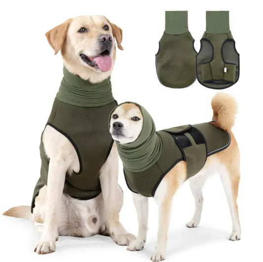 Two dogs wearing green anti-anxiety  jackets. The soft breathable vests apply a calming pressure. Vest displayed in background.