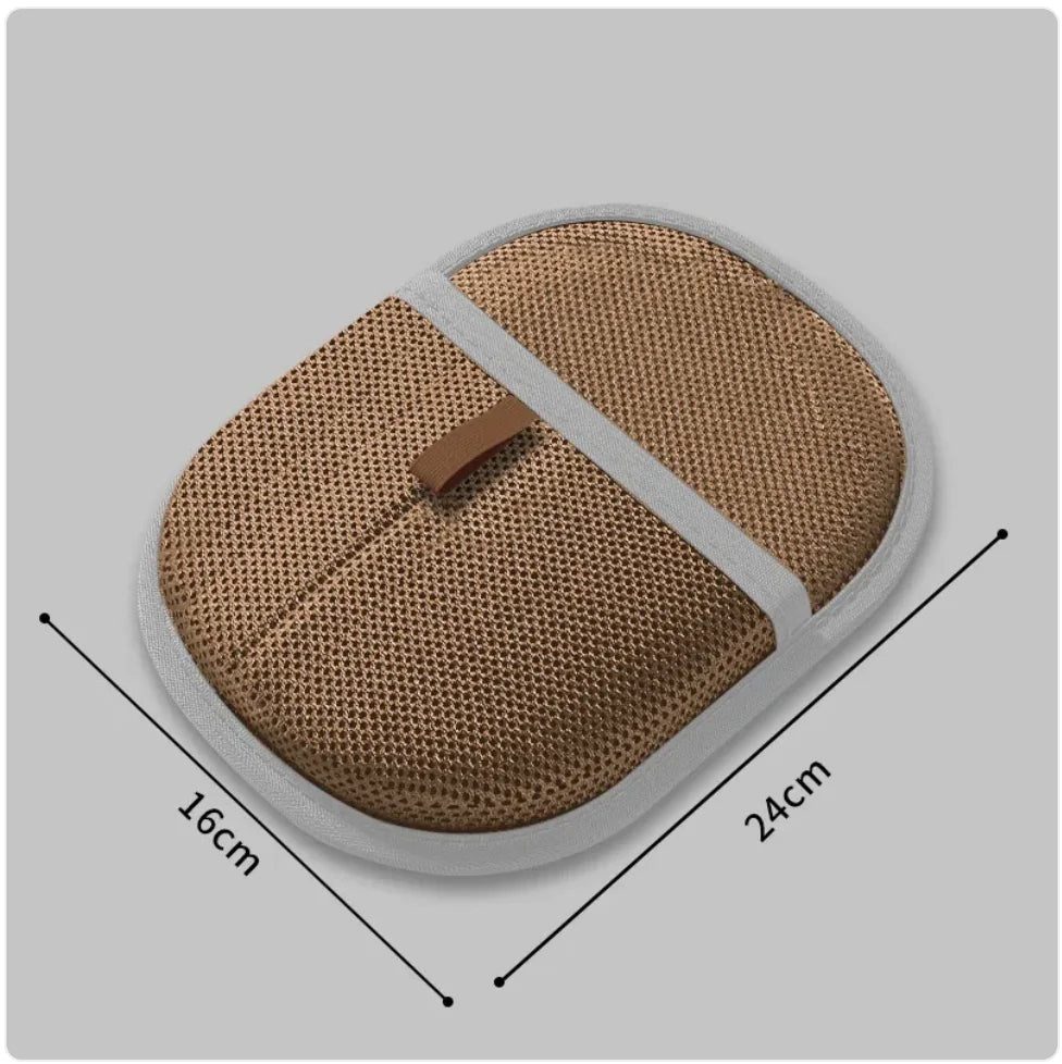 Light brown grooming and cleaning glove for your dog or cat with glove dimensions.