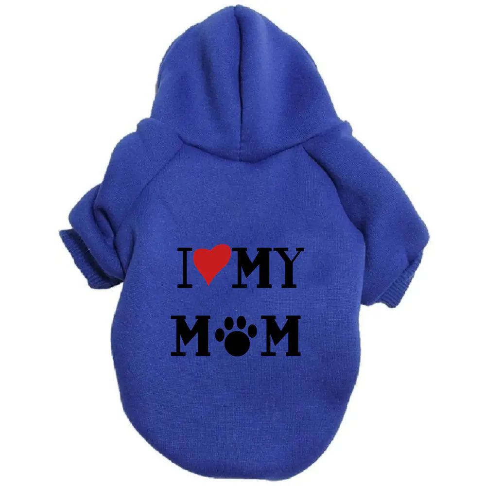 Blue doggie hoodie with ‘I ❤️ MY MOM’ print on a white background. Made of soft polyester for your pet's warmth and comfort.