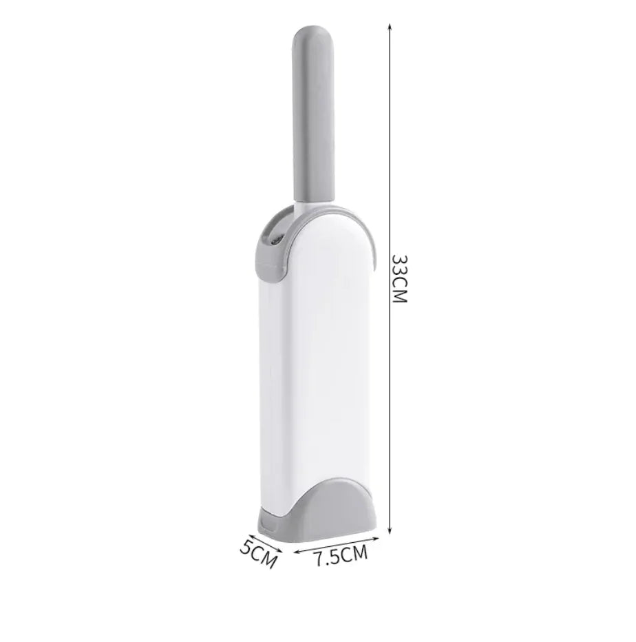 White and gray electrostatic hair cleaning brush in related container with dimensions on a white background
