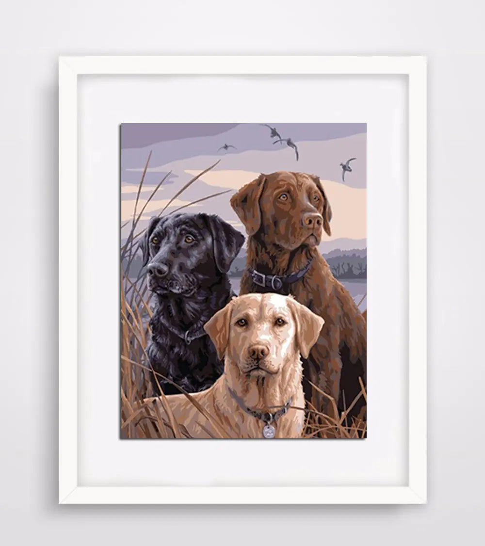 Completed diamond painting art kit featuring three dogs of different breeds enclosed in a white frame with a border.