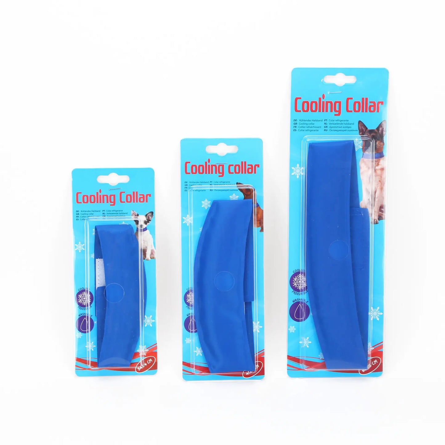 Three pet cooling collars in Blue (Lake) color, packaged in a blister pack, available in different sizes for small, medium, and large dogs.