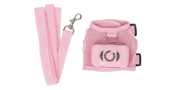 Pink dog cooling chest harness featuring a battery operated cooling panel. Vest size is indicated as well as measurements and weight