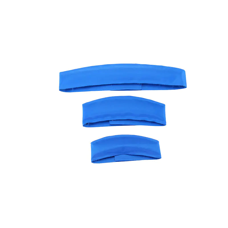 Three pet cooling collars in Blue (Lake) color, unpacked, available in different sizes for small, medium, and large dogs.